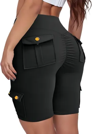 Womens Yoga Shorts Tummy Control Butt Lifting Shorts Casual Cargo Shorts High Waist Bermuda Shorts with Pockets