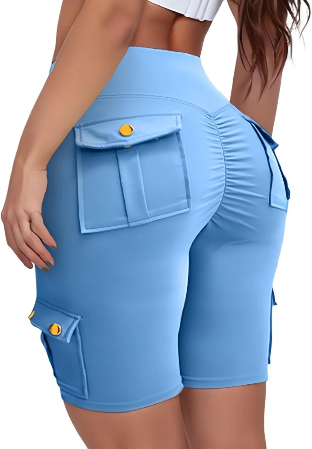 Womens Yoga Shorts Tummy Control Butt Lifting Shorts Casual Cargo Shorts High Waist Bermuda Shorts with Pockets