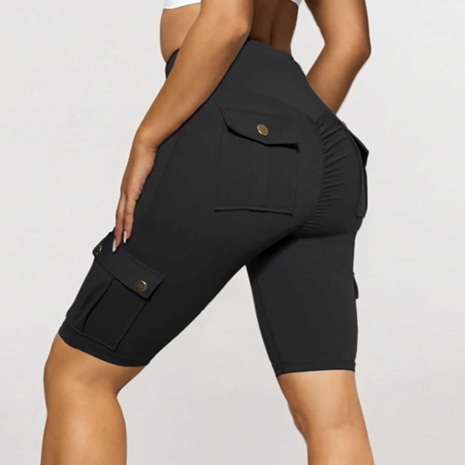 Womens Yoga Shorts Tummy Control Butt Lifting Shorts Casual Cargo Shorts High Waist Bermuda Shorts with Pockets