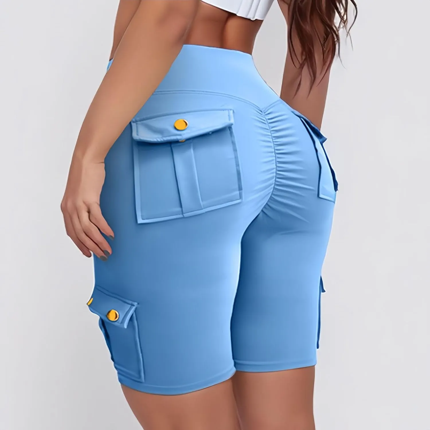 Womens Yoga Shorts Tummy Control Butt Lifting Shorts Casual Cargo Shorts High Waist Bermuda Shorts with Pockets
