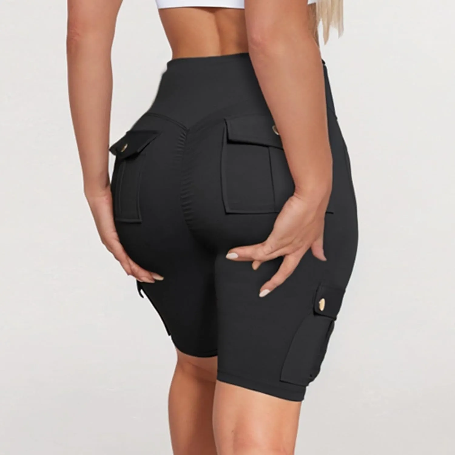 Womens Yoga Shorts Tummy Control Butt Lifting Shorts Casual Cargo Shorts High Waist Bermuda Shorts with Pockets