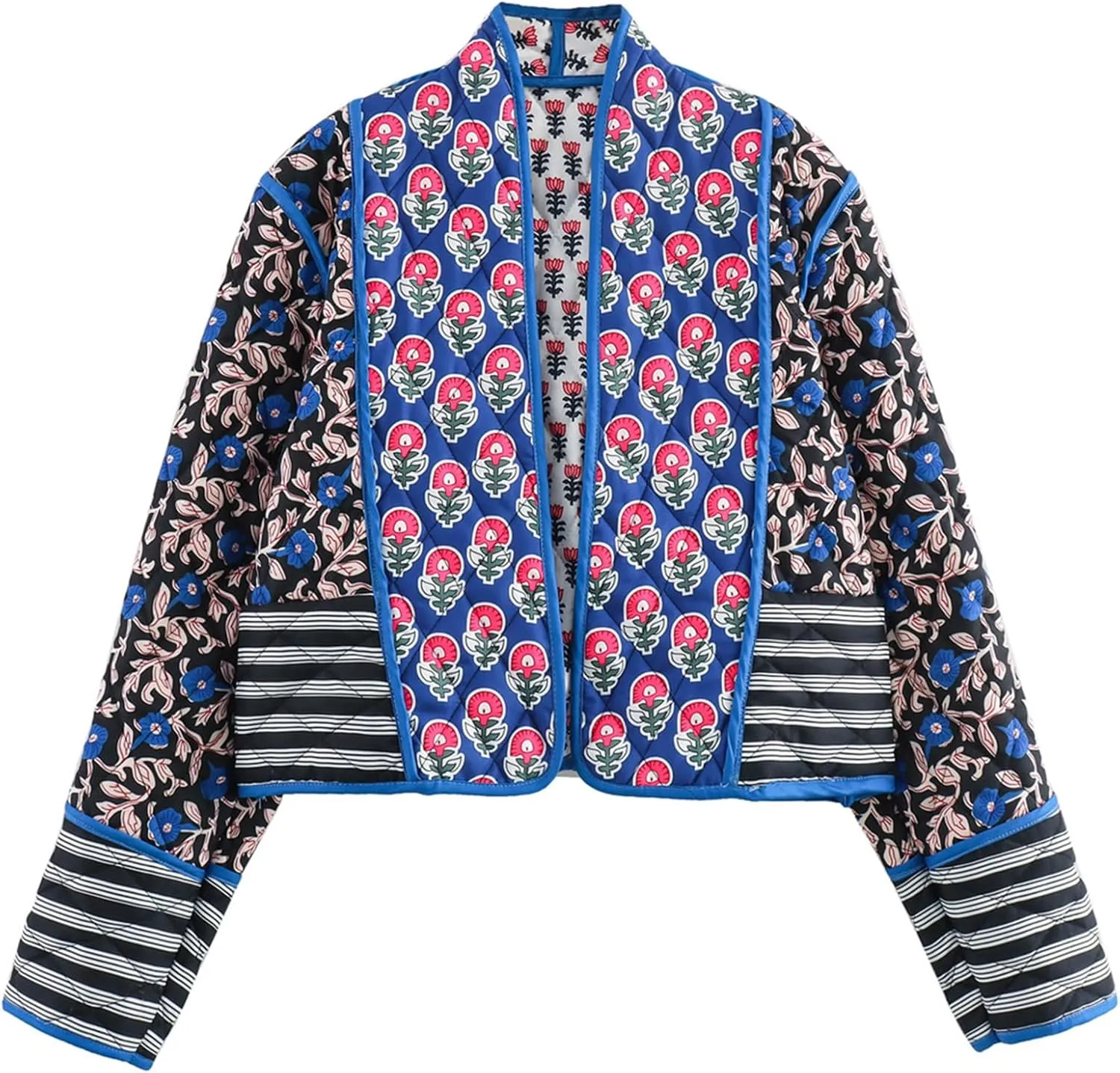 Wyeysyt Women's Cropped Puffer Quilted Jacket Cardigan Floral Printed Lightweight Long Sleeve Open Front Short Padded Coats