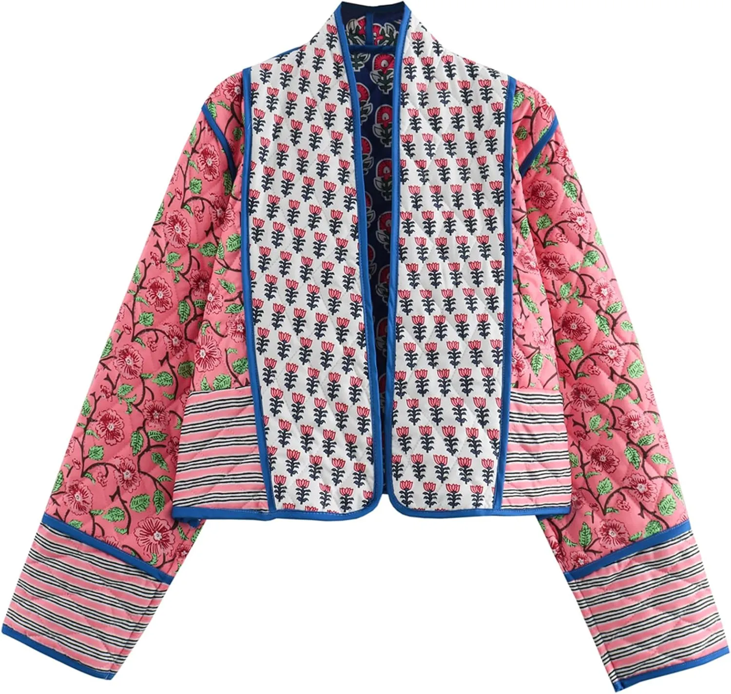 Wyeysyt Women's Cropped Puffer Quilted Jacket Cardigan Floral Printed Lightweight Long Sleeve Open Front Short Padded Coats