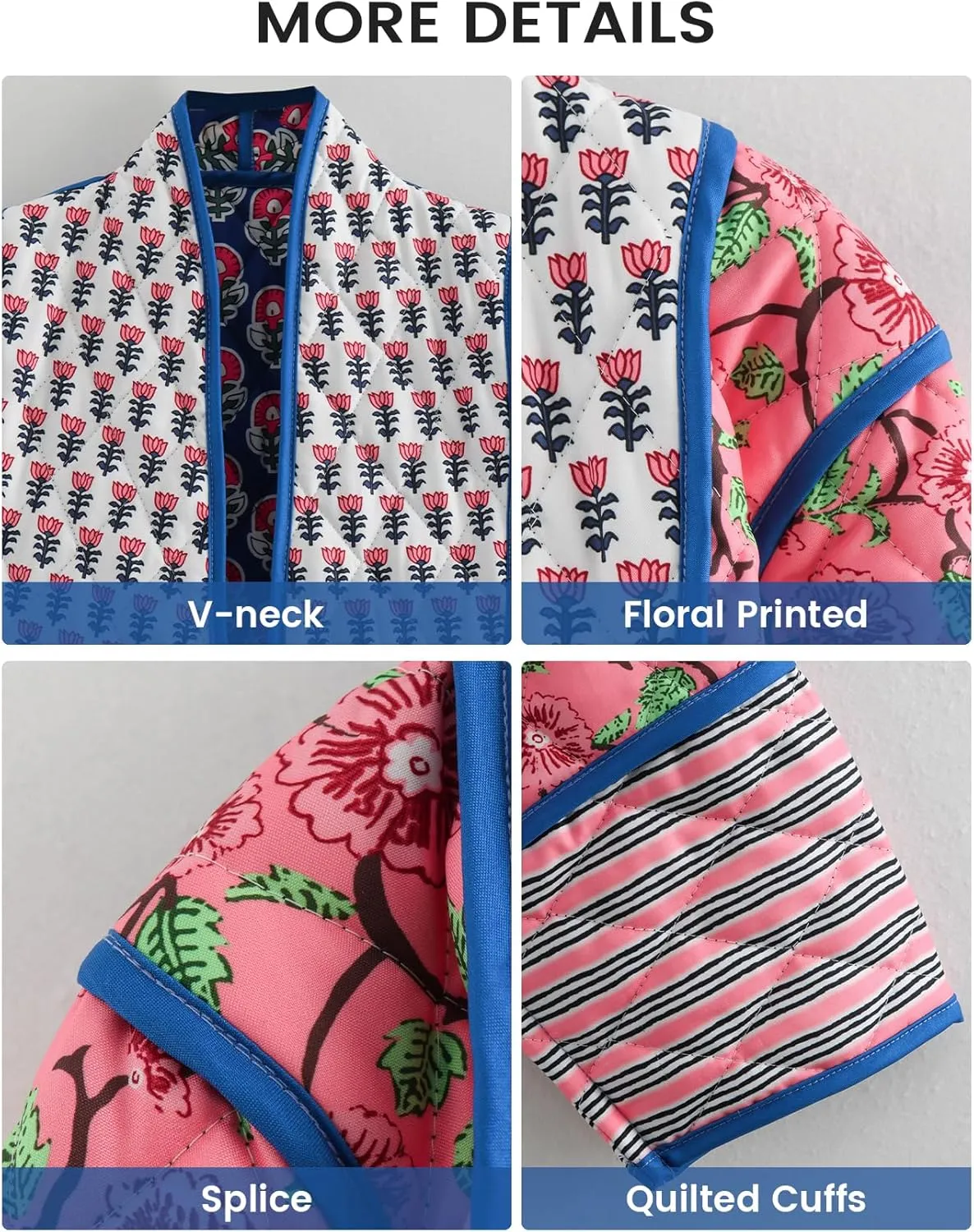 Wyeysyt Women's Cropped Puffer Quilted Jacket Cardigan Floral Printed Lightweight Long Sleeve Open Front Short Padded Coats