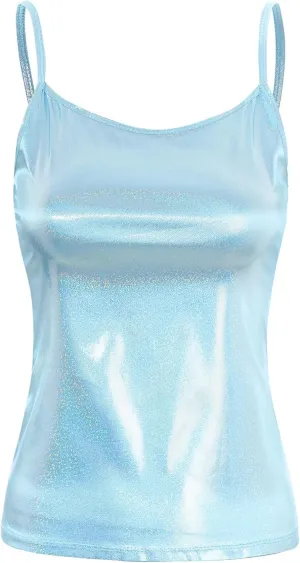 YiZYiF Women's Spaghetti Wet Look PVC Leather Camisole Vest Tank Top Blouse