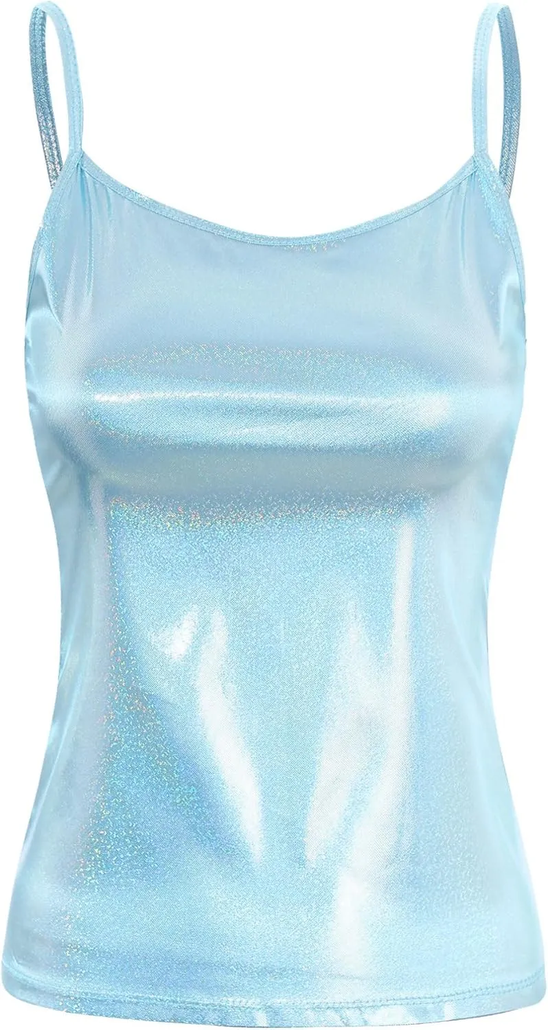 YiZYiF Women's Spaghetti Wet Look PVC Leather Camisole Vest Tank Top Blouse