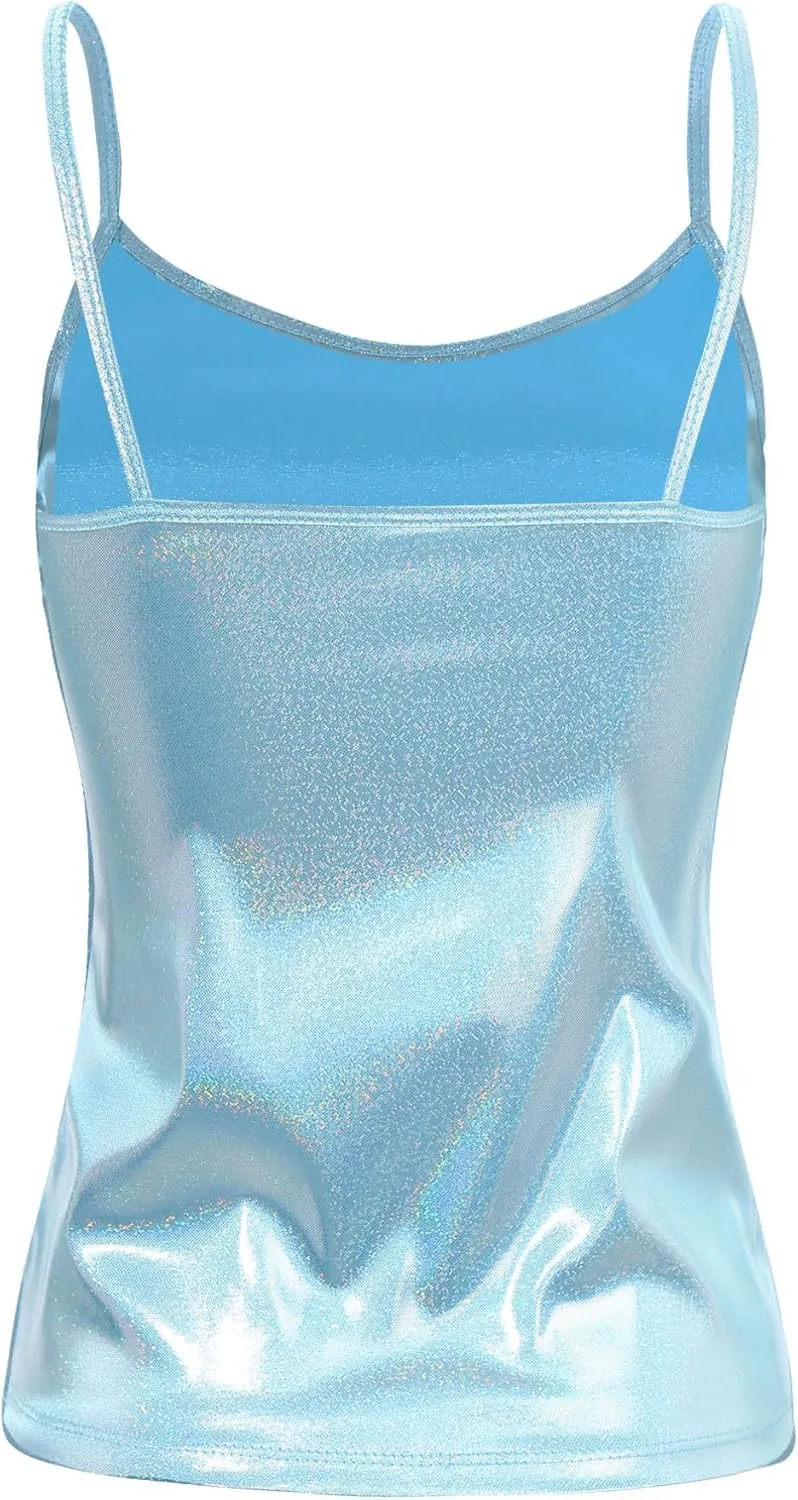 YiZYiF Women's Spaghetti Wet Look PVC Leather Camisole Vest Tank Top Blouse