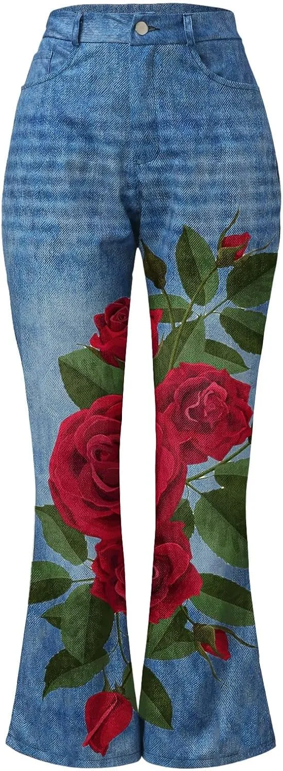 YOLAI Womens Floral Print Bell Bottoms Pants High Waist Flared Denim Trousers Stretch Jeans Pants with Pockets