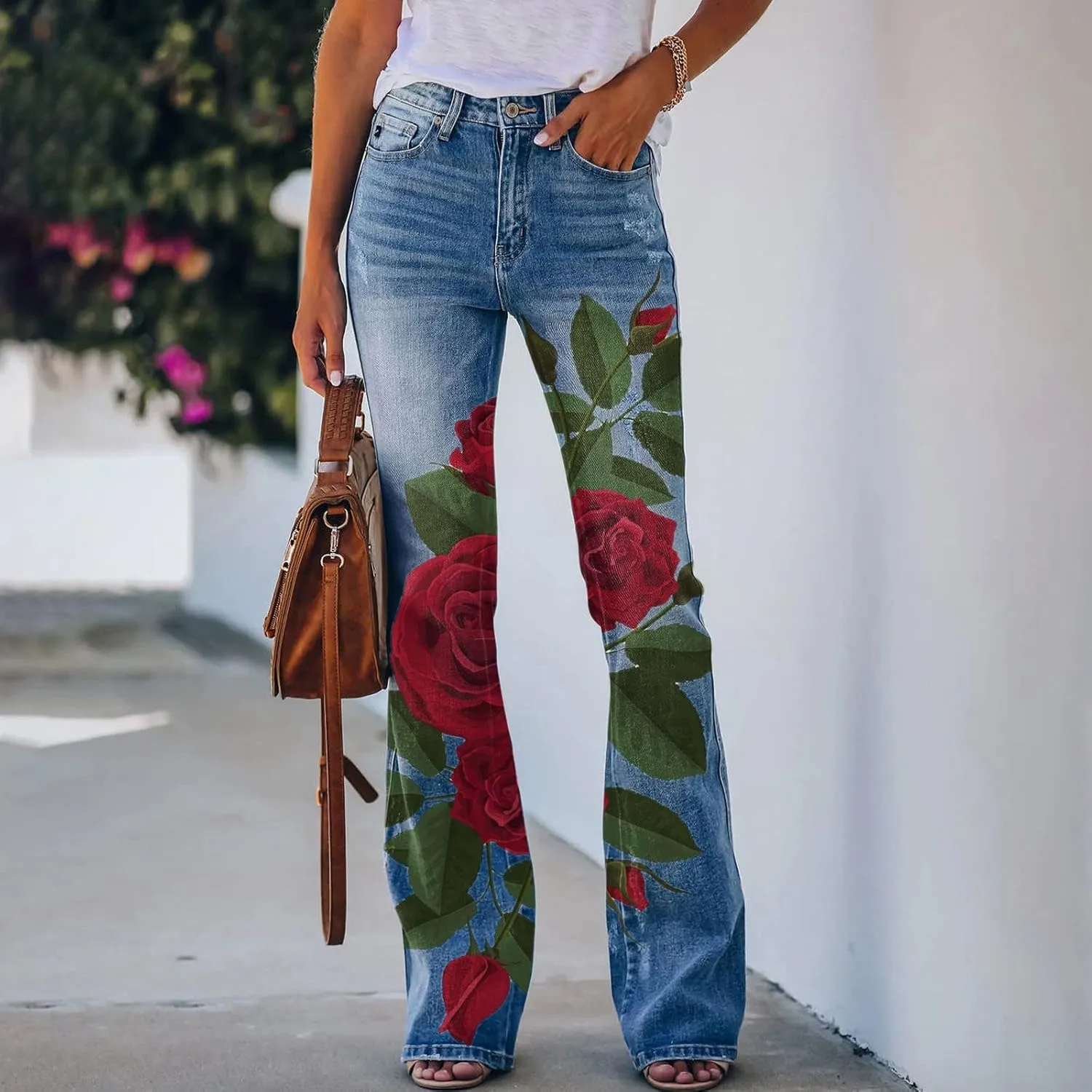 YOLAI Womens Floral Print Bell Bottoms Pants High Waist Flared Denim Trousers Stretch Jeans Pants with Pockets