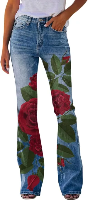 YOLAI Womens Floral Print Bell Bottoms Pants High Waist Flared Denim Trousers Stretch Jeans Pants with Pockets