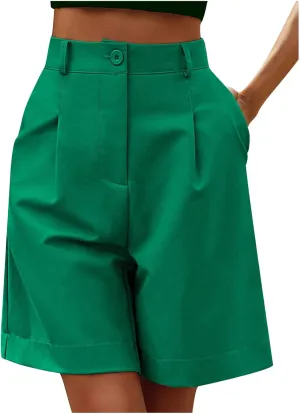 ZDRZK Summer Shorts for Women 2024 High Waist Button Pleated Bermuda Shorts Pockets Casual Business Dressy Trouser Shorts