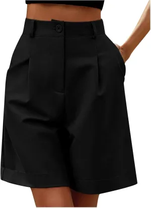 ZDRZK Summer Shorts for Women 2024 High Waist Button Pleated Bermuda Shorts Pockets Casual Business Dressy Trouser Shorts
