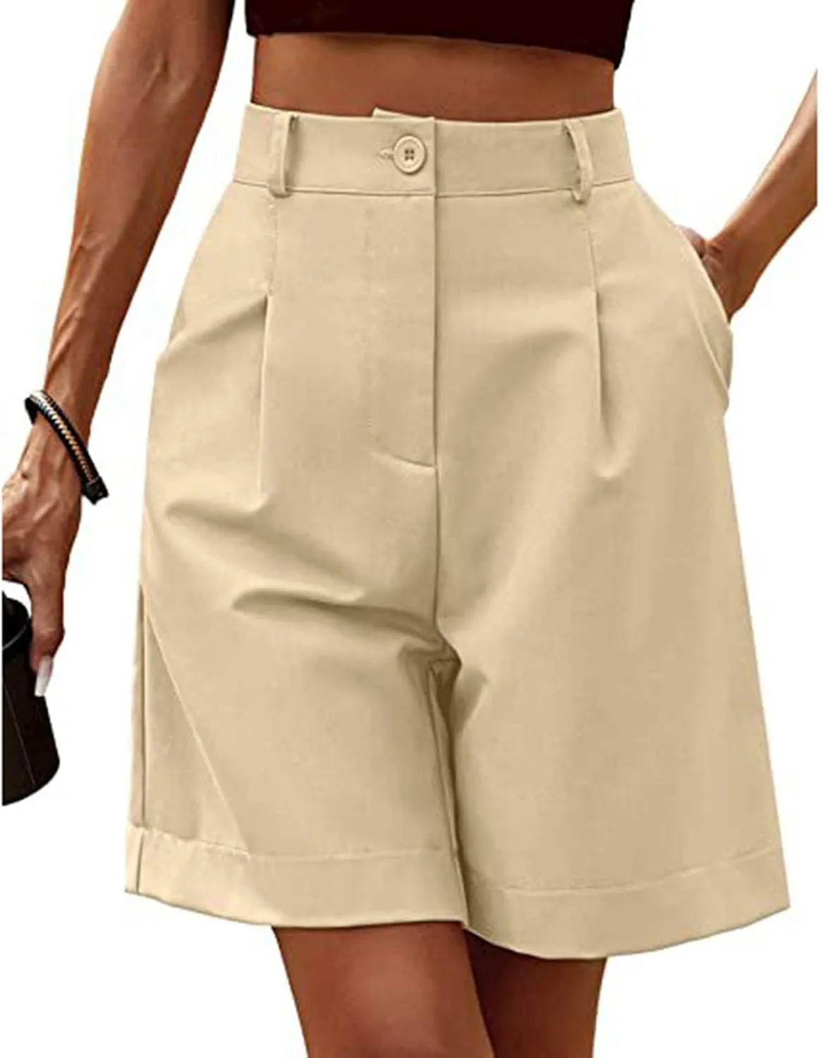 ZDRZK Summer Shorts for Women 2024 High Waist Button Pleated Bermuda Shorts Pockets Casual Business Dressy Trouser Shorts
