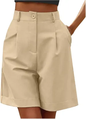 ZDRZK Summer Shorts for Women 2024 High Waist Button Pleated Bermuda Shorts Pockets Casual Business Dressy Trouser Shorts