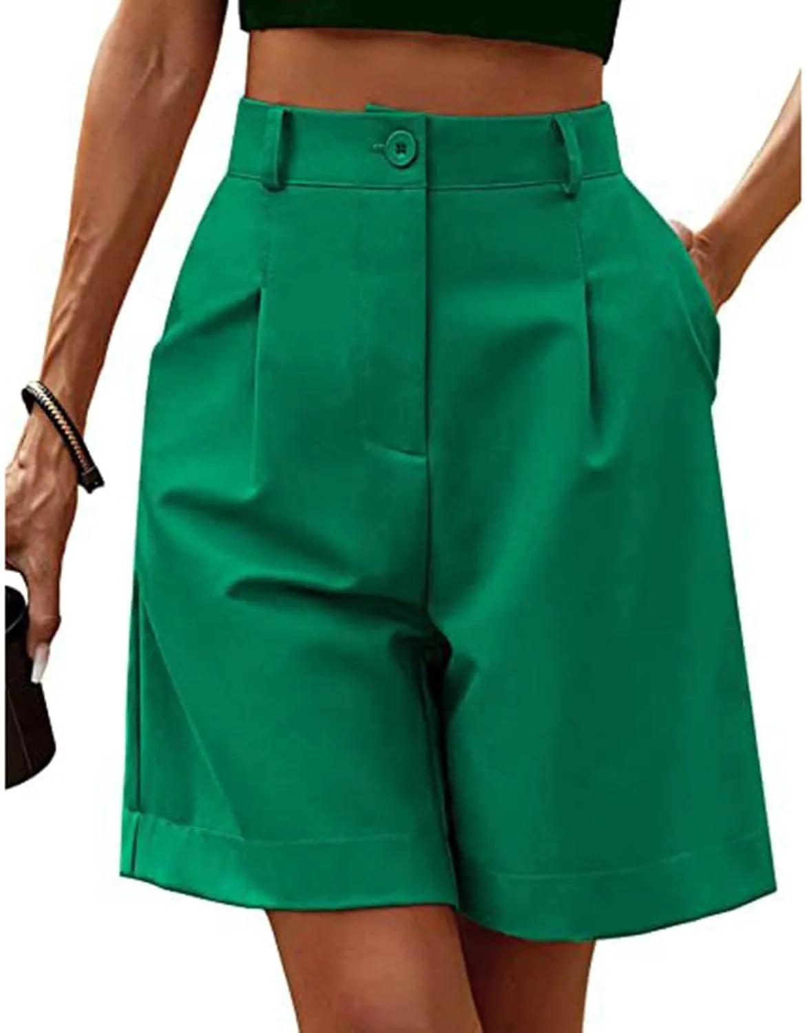 ZDRZK Summer Shorts for Women 2024 High Waist Button Pleated Bermuda Shorts Pockets Casual Business Dressy Trouser Shorts