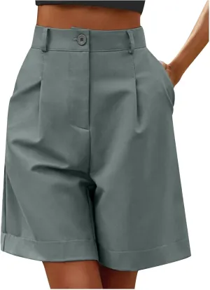 ZDRZK Summer Shorts for Women 2024 High Waist Button Pleated Bermuda Shorts Pockets Casual Business Dressy Trouser Shorts