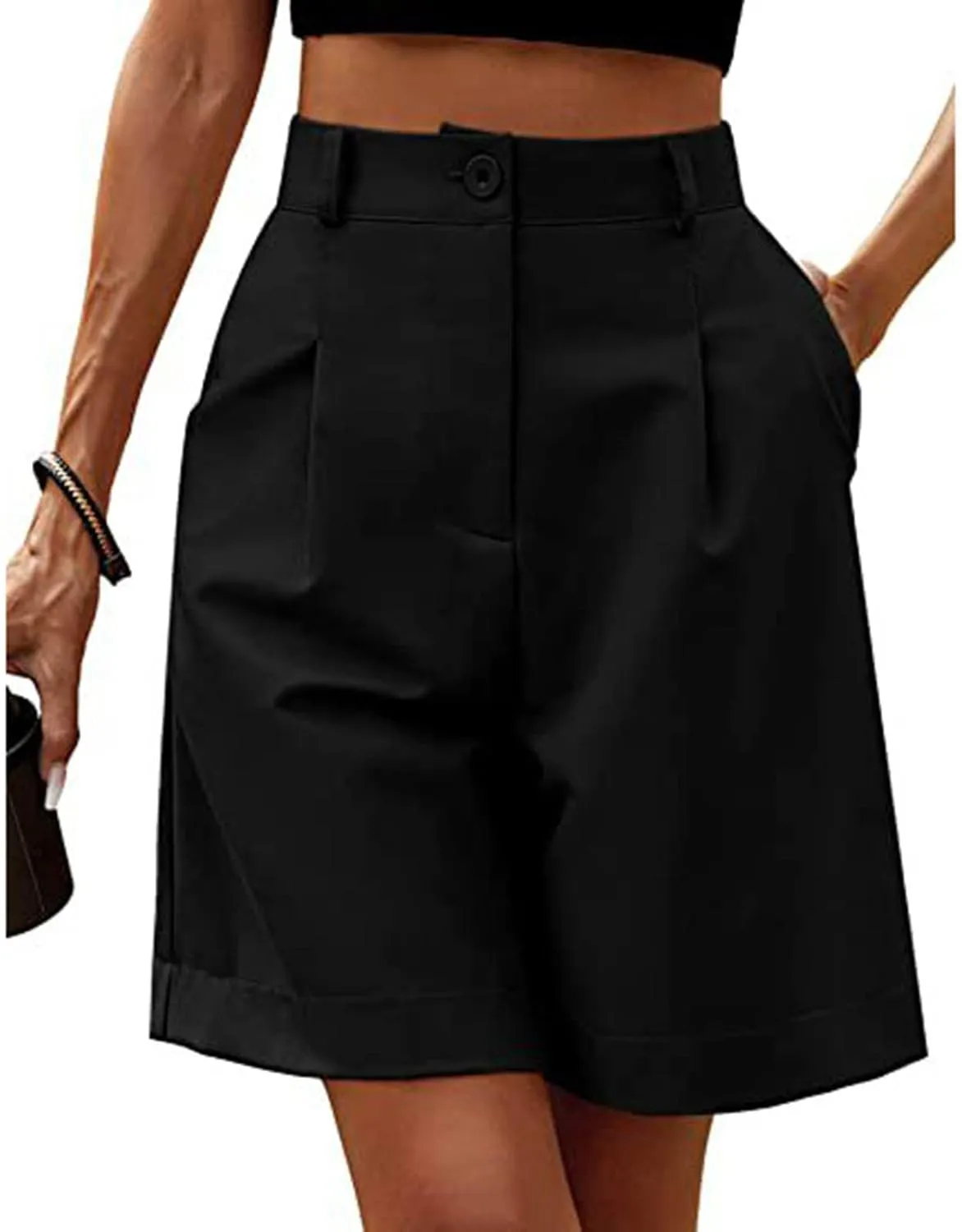 ZDRZK Summer Shorts for Women 2024 High Waist Button Pleated Bermuda Shorts Pockets Casual Business Dressy Trouser Shorts