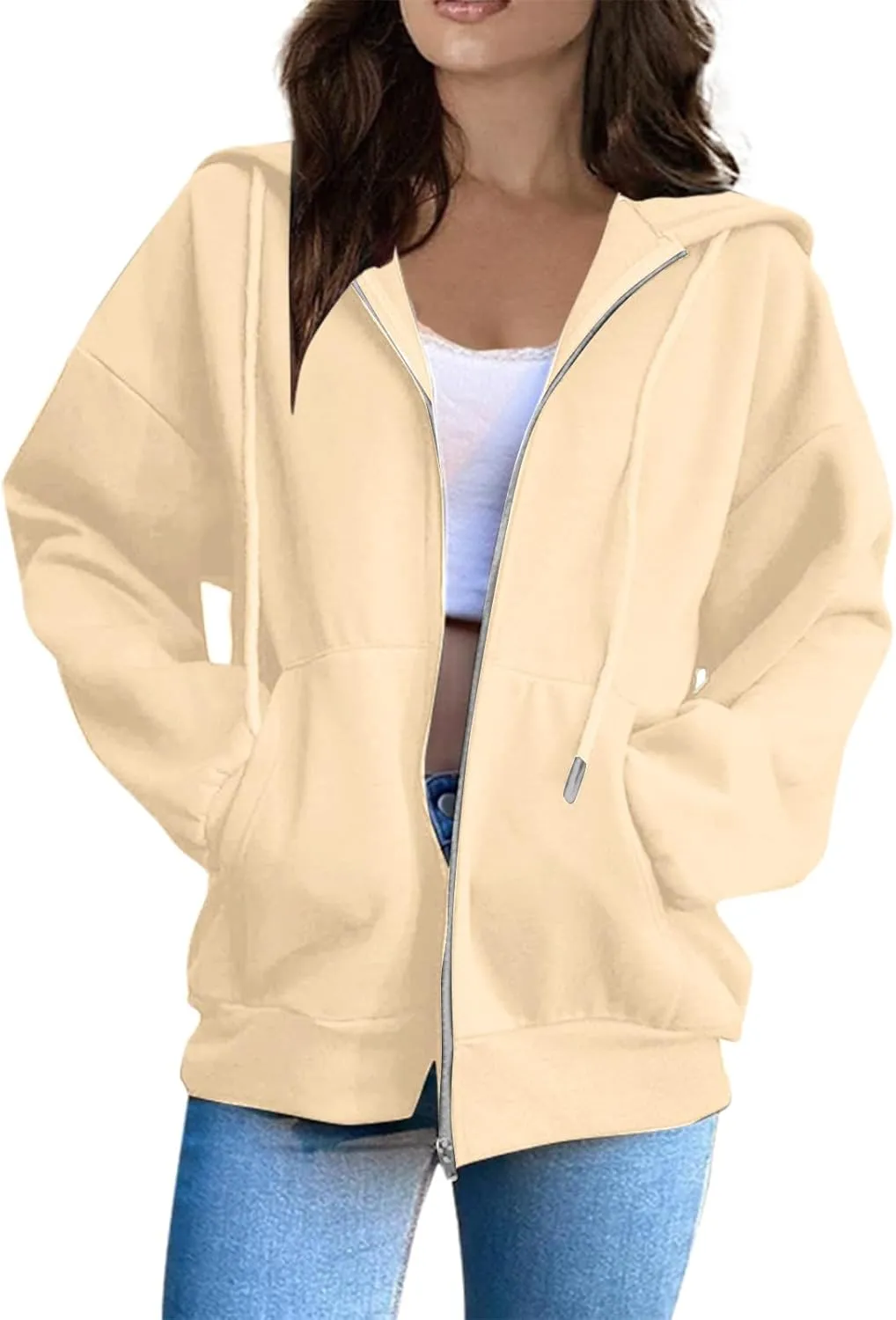 Zip Up Hoodie Women Fleece Oversized Sweatshirt Hoodies Casual Drawstring Athletic Gym Sweat Jackets with Pockets