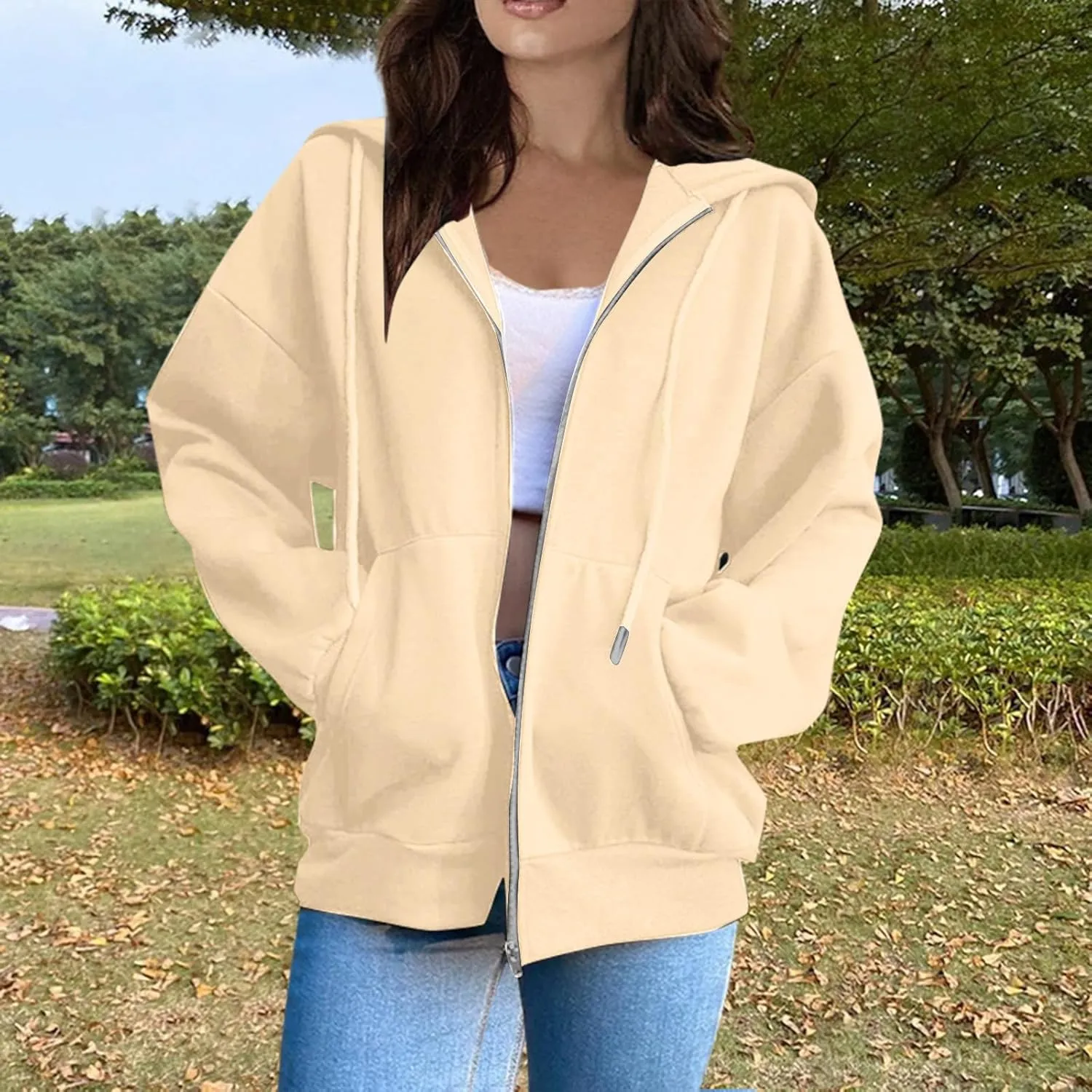 Zip Up Hoodie Women Fleece Oversized Sweatshirt Hoodies Casual Drawstring Athletic Gym Sweat Jackets with Pockets