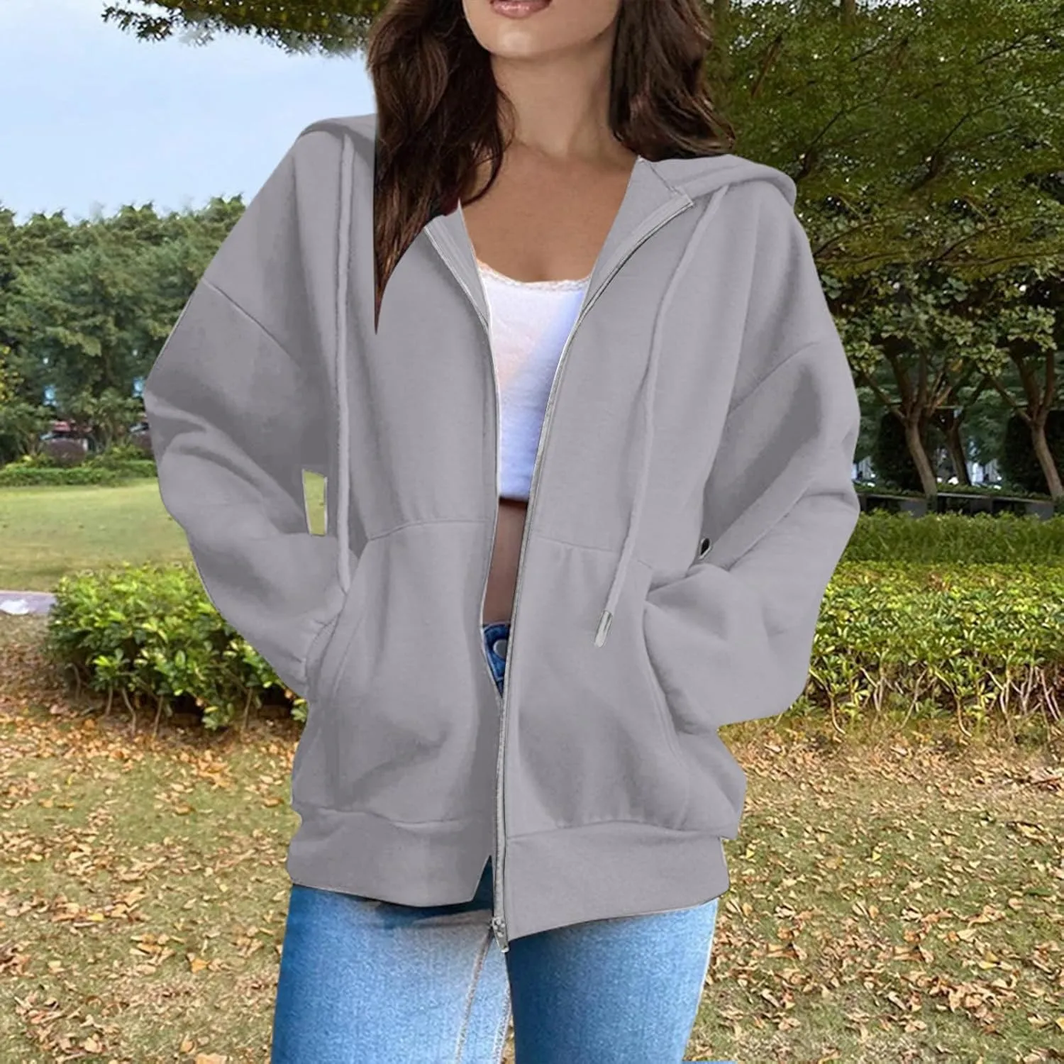 Zip Up Hoodie Women Fleece Oversized Sweatshirt Hoodies Casual Drawstring Athletic Gym Sweat Jackets with Pockets