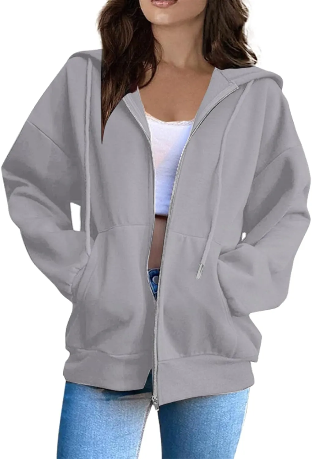 Zip Up Hoodie Women Fleece Oversized Sweatshirt Hoodies Casual Drawstring Athletic Gym Sweat Jackets with Pockets