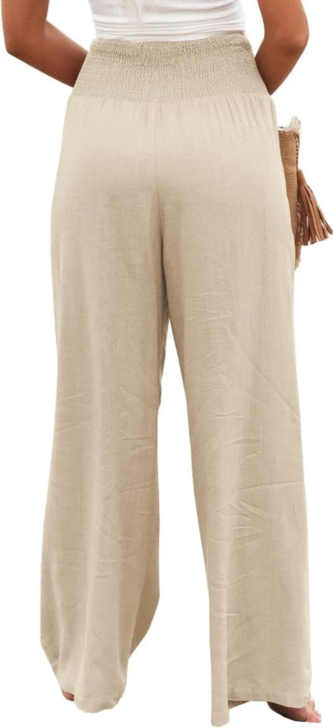 ZWRXW Linen Pants for Women 2024 Summer Wide Leg High Waist Palazzo Lounge Pants Beach Work Boho Casual Trousers with Pockets
