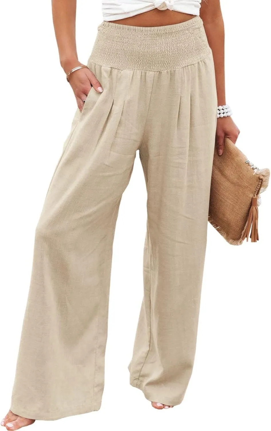 ZWRXW Linen Pants for Women 2024 Summer Wide Leg High Waist Palazzo Lounge Pants Beach Work Boho Casual Trousers with Pockets