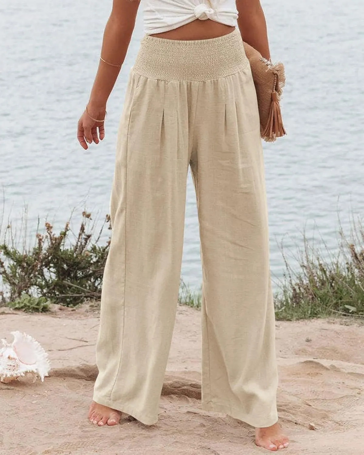 ZWRXW Linen Pants for Women 2024 Summer Wide Leg High Waist Palazzo Lounge Pants Beach Work Boho Casual Trousers with Pockets
