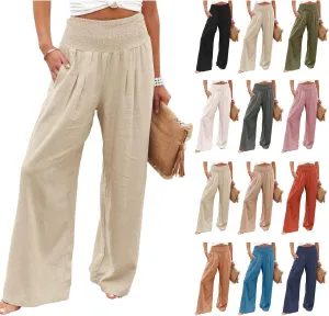 ZWRXW Linen Pants for Women 2024 Summer Wide Leg High Waist Palazzo Lounge Pants Beach Work Boho Casual Trousers with Pockets