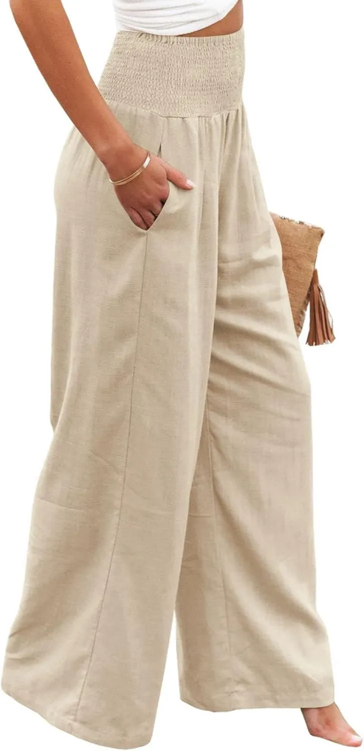ZWRXW Linen Pants for Women 2024 Summer Wide Leg High Waist Palazzo Lounge Pants Beach Work Boho Casual Trousers with Pockets