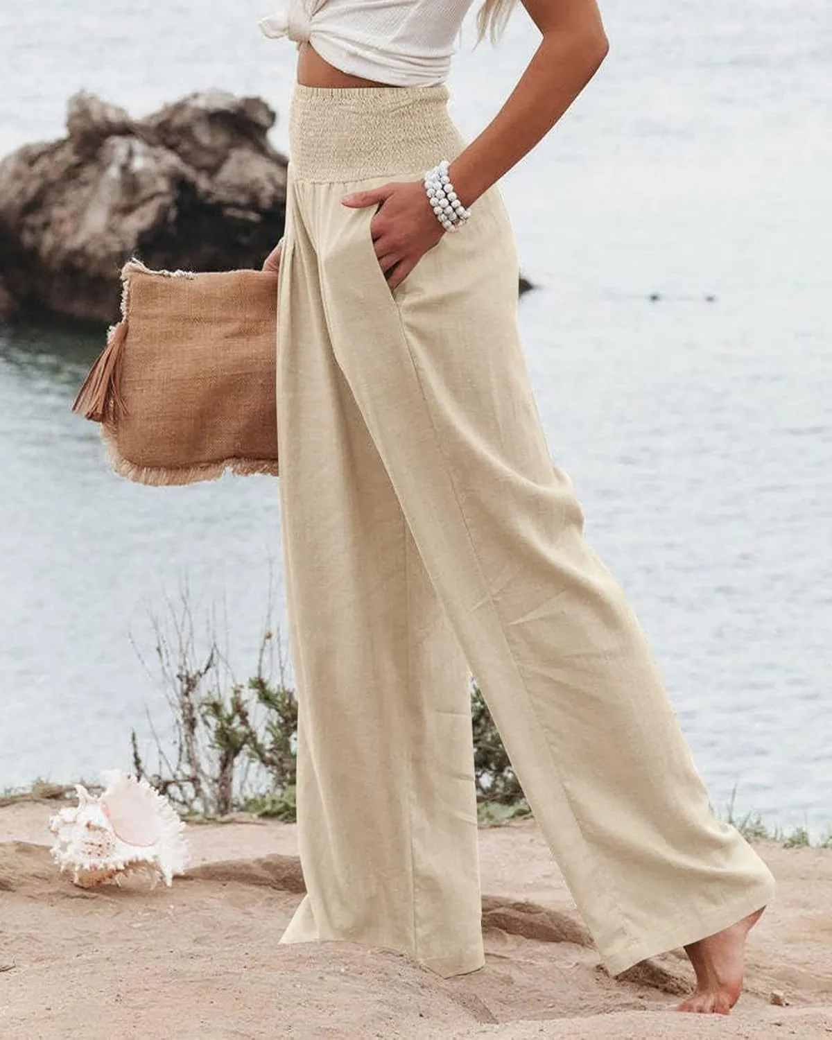 ZWRXW Linen Pants for Women 2024 Summer Wide Leg High Waist Palazzo Lounge Pants Beach Work Boho Casual Trousers with Pockets