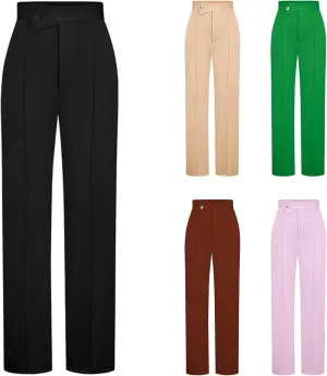 ZWRXW Wide Leg Suit Pants for Women Pleated Elegant High Waist Straight Long Pants Casual Loose Fit Solid Trousers